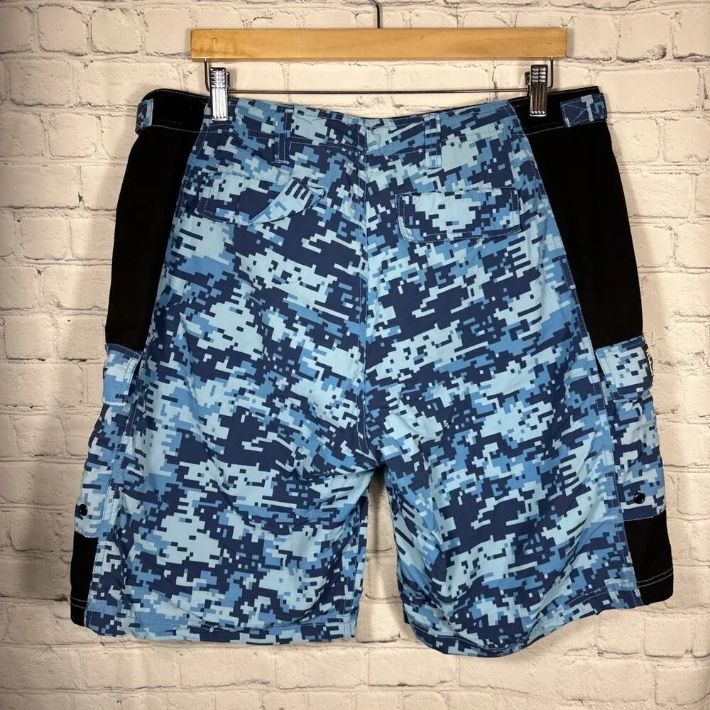 PELAGIC Board Shorts 36 Ambush Digital Blue Camo Pocket Board Swim Trunks Men's‎
